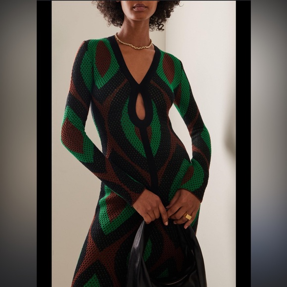 NWT / Johanna Ortiz Knot Eyelet Midi Dress / XS green black - Picture 3 of 11